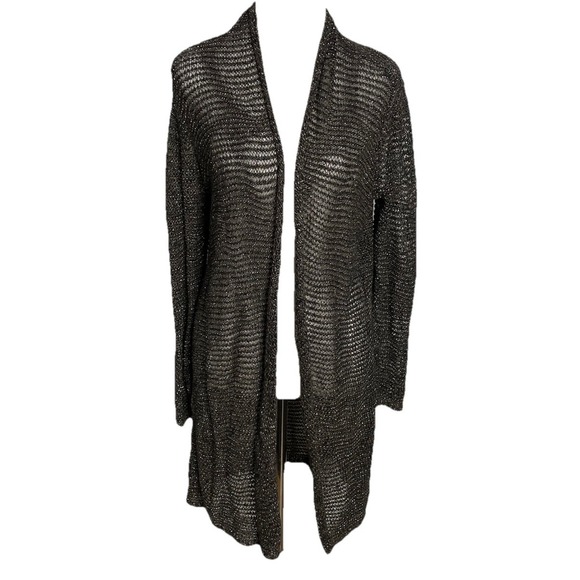 EILEEN FISHER  Linen Blend Metallic Open Front Duster Cardigan Black Brown M - Picture 1 of 5